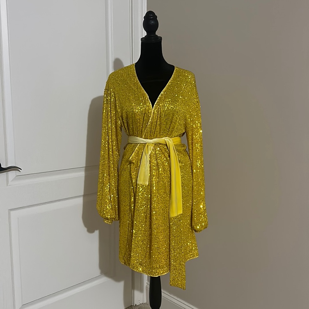 Gorgeous yellow sequin wrap dress. Tags have been taken off, but never worn.